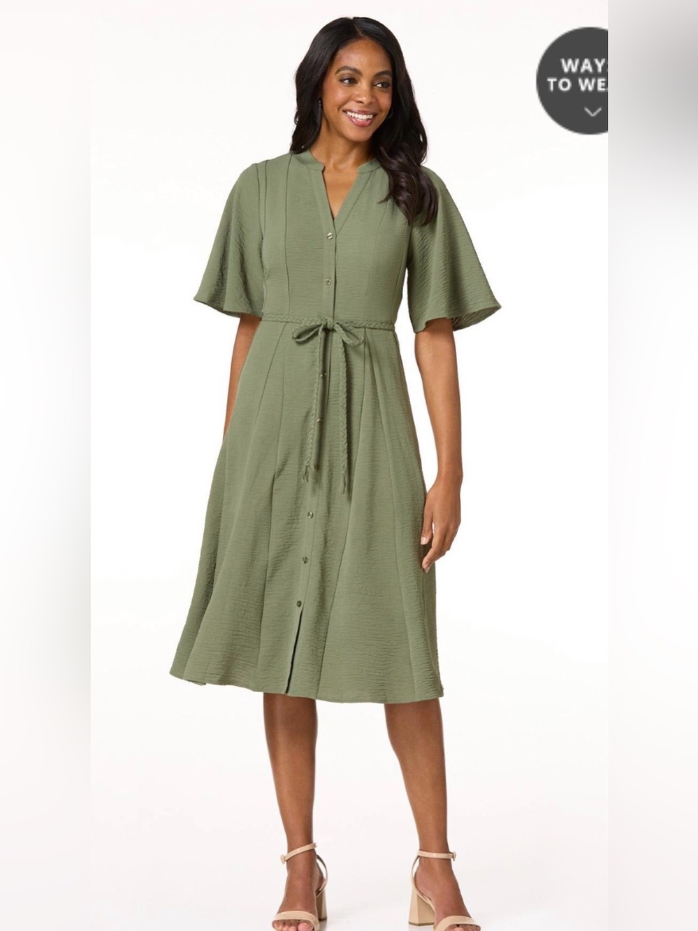 Medium Cato flowy green braided belt shirt midi dress pockets boho cottage